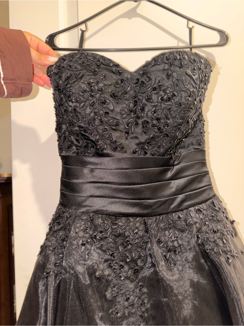 Strapless Black Beaded Ball Gown w/ Lace Top